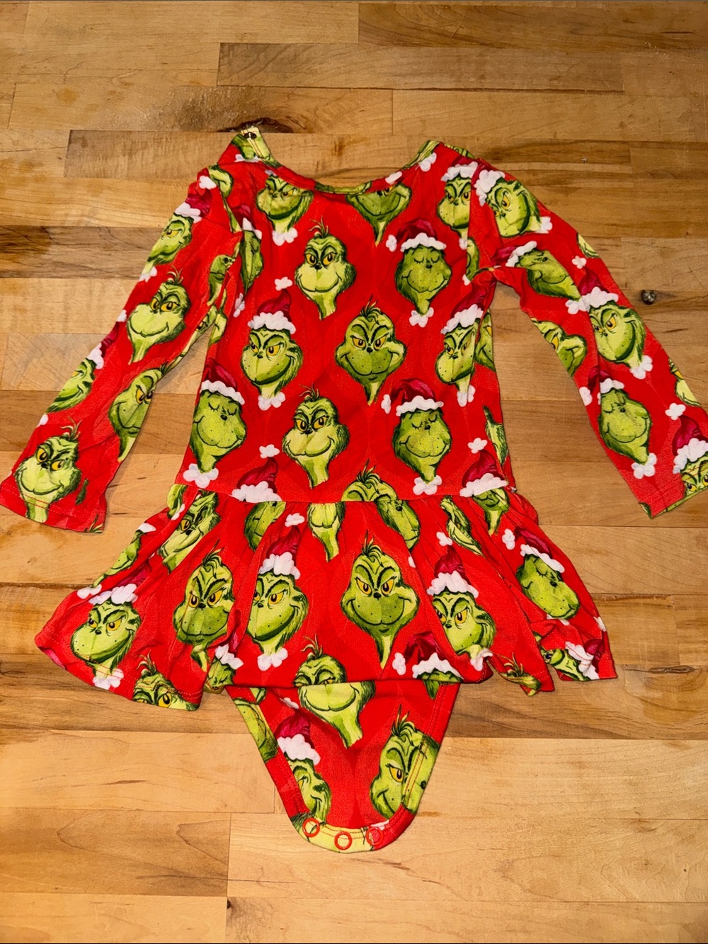 Posh Peanut Red Grinch Print Skater Dress with Attached Bodysuit
